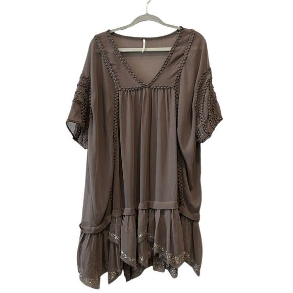 Free People Purple Sequin Boho Lagenlook Oversized Tunic Dress Ruffle Shift‌‌‌‌‍ - Picture 1 of 11